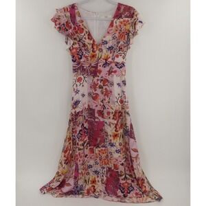 Atelier Floral Print Midi Summer Dress V-Neck Ruffle Sleeve Pink‎ Multi Size 6